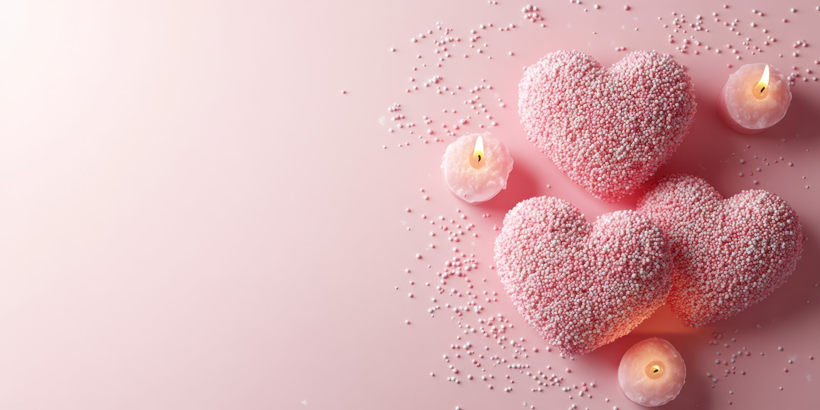 Romantic heart-shaped candies and candles create a cozy atmosphere for celebration on a soft pink background